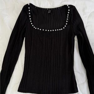SHEIN Black Ribbed Blouse with Pearl Accents
